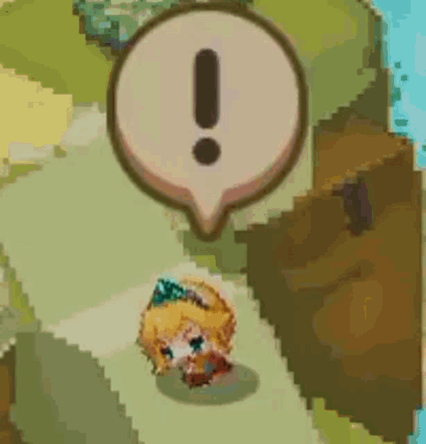 a pixel art of a girl with a speech bubble and an exclamation mark .