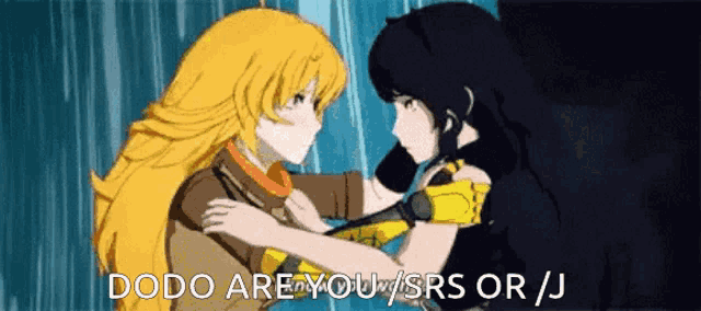 a couple of anime girls are hugging each other with the words dodo are you / srs or / j below them