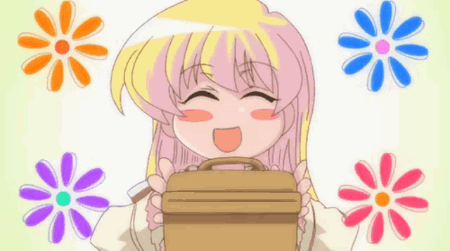 a girl with pink hair is smiling while holding a briefcase