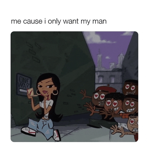 a cartoon of a girl kneeling in front of a group of people with the caption " me cause i only want my man "