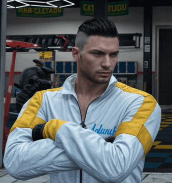 a man with his arms crossed wears a white and yellow jacket with the word kolunet on it