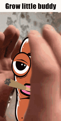 a cartoon of a hot dog smoking a cigarette with the words grow little buddy above it