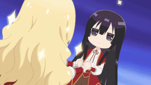 a girl with long black hair is standing next to another girl with long blonde hair