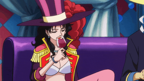 a woman in a top hat sits on a purple couch drinking a glass of wine
