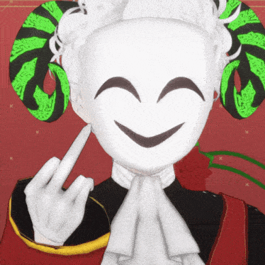 a cartoon character with horns and a white mask is giving the middle finger