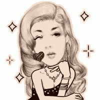 a black and white drawing of a woman with long hair and a heart in her mouth .