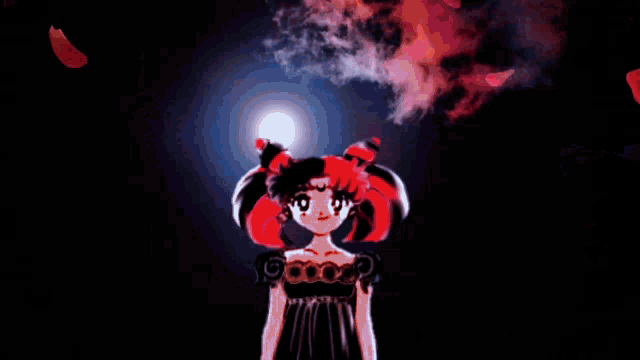 a girl in a black dress is surrounded by red petals and smoke