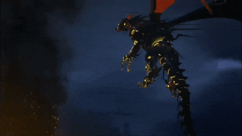a dragon with orange wings is flying in a dark sky