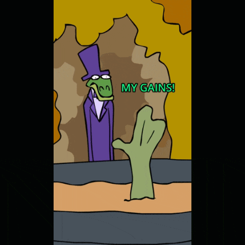 a cartoon of a man in a top hat with the words my gains below him