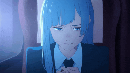 a girl with long blue hair is wearing a suit and tie and crying