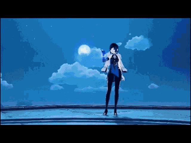 a video game character is standing in front of a blue sky and clouds