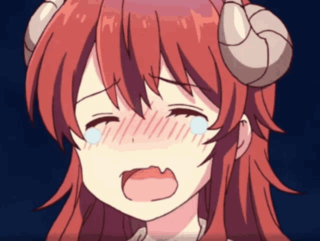 a girl with red hair and horns is crying with her mouth open