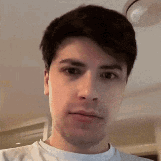 a close up of a man 's face with a white shirt on .