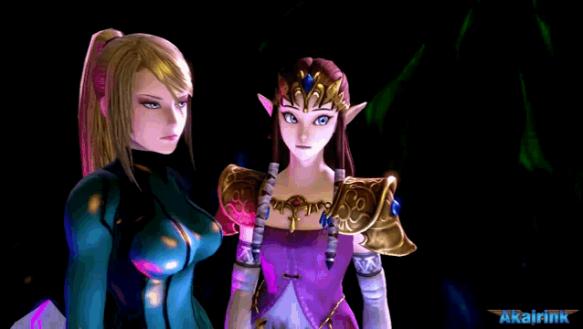 two female video game characters are standing next to each other and the bottom right corner says akairink