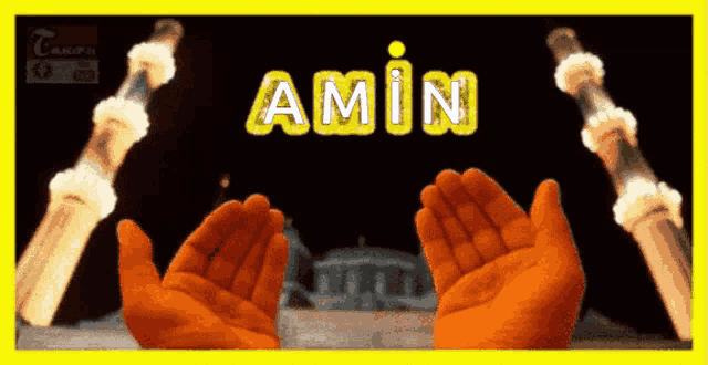 the word amin is on a yellow background with orange hands