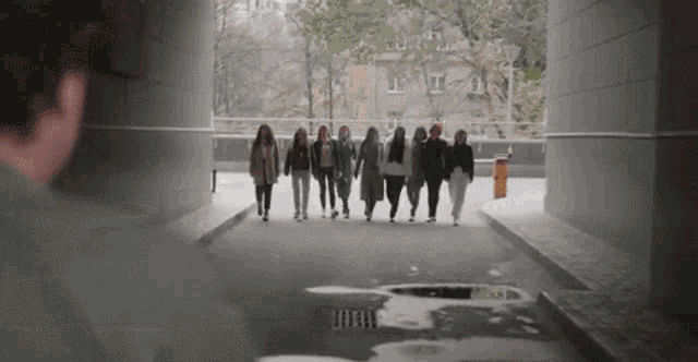 a group of women are walking down a street holding hands .