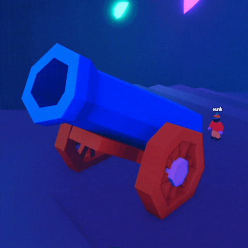 a blue cannon with red flames coming out of it 's mouth