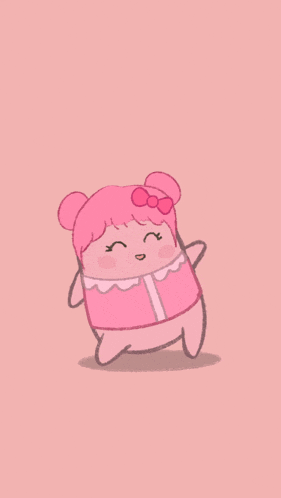 a cartoon drawing of a girl with pink hair and a bow on her head