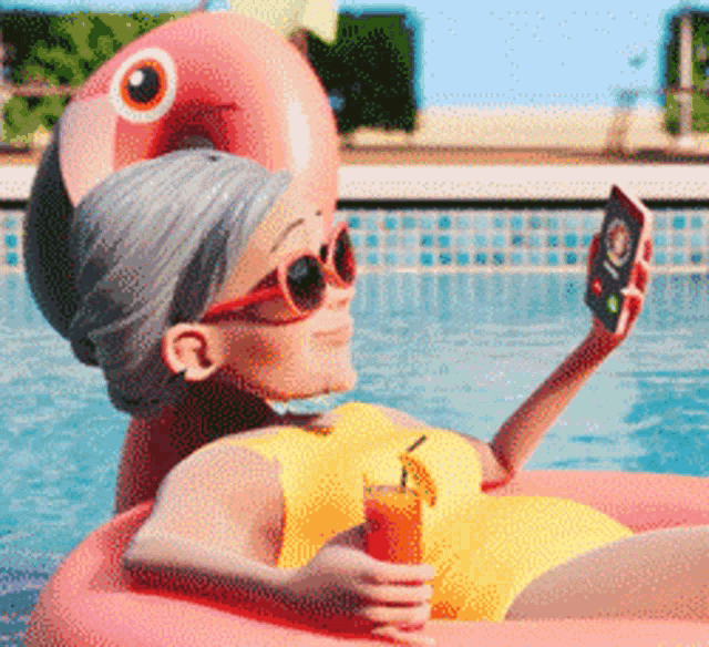 animação de uma mulher idosa deitada em uma bóia em uma piscina jogando o celular longe