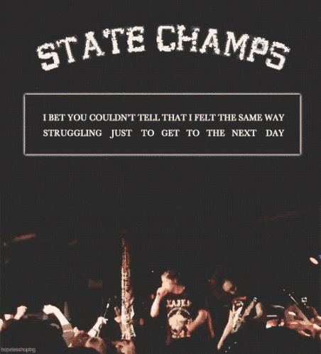 a man singing into a microphone with the words state champs written above him