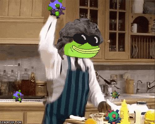 a cartoon of a man in an apron with a green face is in a kitchen with senorgif.com