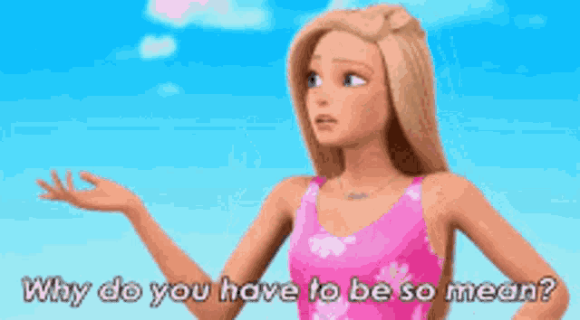 a barbie doll is standing in front of a blue sky and says why do you have to be so mean