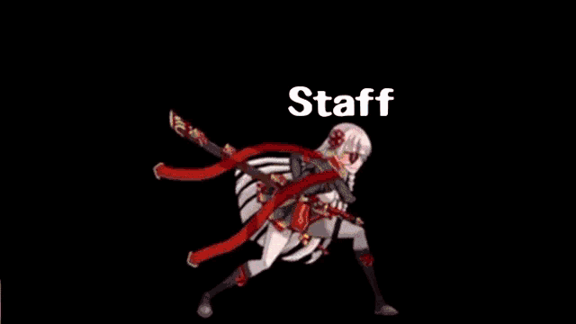 a cartoon character with a red eye and the word staff written above her