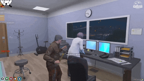 a man and a woman are in a room with a clock on the wall