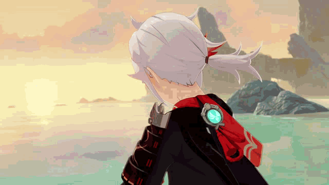 a cartoon character is standing in front of a body of water looking at the sunset .