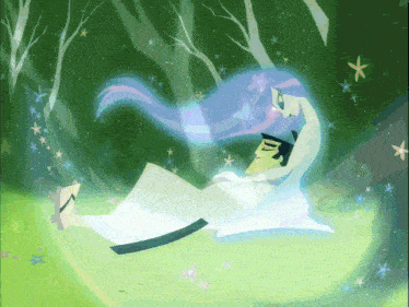 a cartoon drawing of a woman with blue hair reading a book