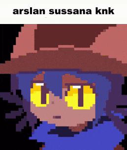 a pixel art of a person with yellow eyes and the words arslan sussana knk below