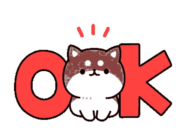 a cartoon shiba inu is sitting in front of a red ok sign