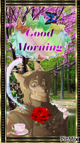a picture of a cat with a rose and the words good morning on it