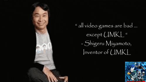 a man is sitting in front of a black background with the words " all video games are bad except umkl "