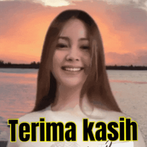 a woman is smiling in front of a sunset and the words terima kasih are on the bottom