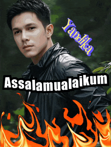 a man in a black jacket is surrounded by flames and says assalamualaikum