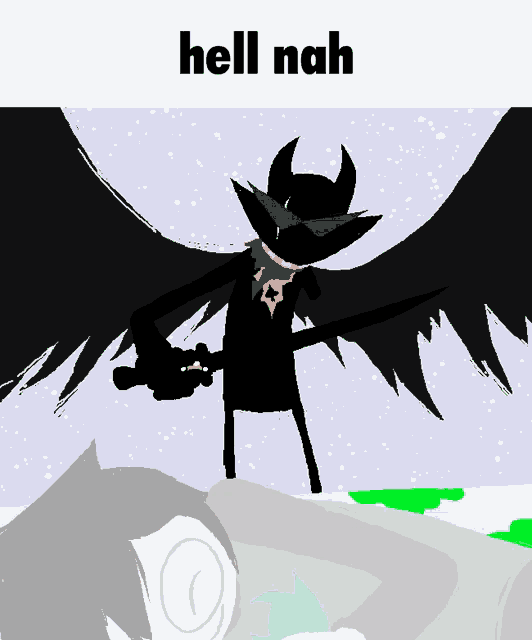 a drawing of a demon with horns and a sword with the words hell nah below it
