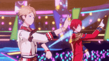 two anime characters are dancing together on a stage .