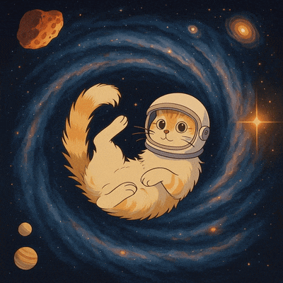 a cat wearing a space helmet is floating in space