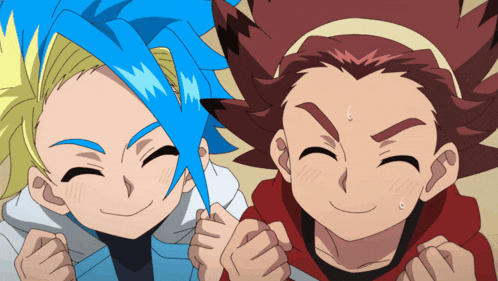 a boy with blue hair and a boy with red hair smile for the camera
