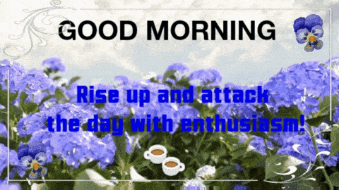 a good morning greeting card with purple flowers and coffee cups