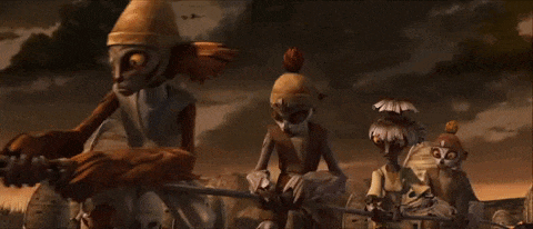 a group of cartoon characters are holding spears in their hands