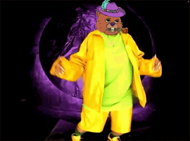 a cartoon character is wearing a yellow jacket and a green shirt