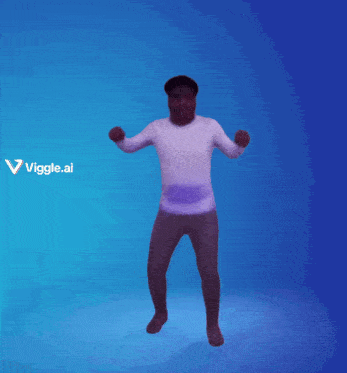 a man in a purple shirt is dancing in front of a blue background that says viggles