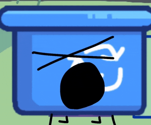 a cartoon drawing of a blue box with a black face and a white arrow