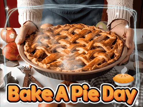 a person is holding a pie with the words bake a pie day written below it