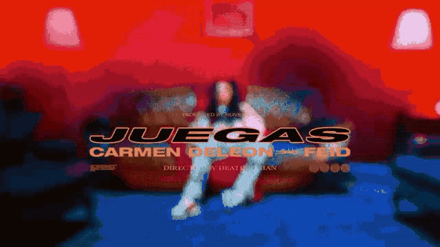 a woman is sitting on a couch with the words juegas carmen deleon frid written on the bottom