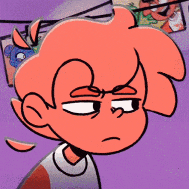 a cartoon character with red hair and a purple background