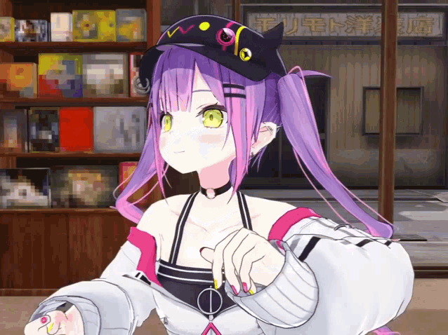 a girl with purple hair and yellow eyes is wearing a hat