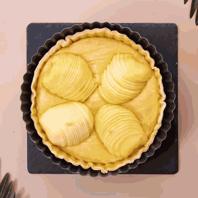 a pie with sliced apples on top of the crust